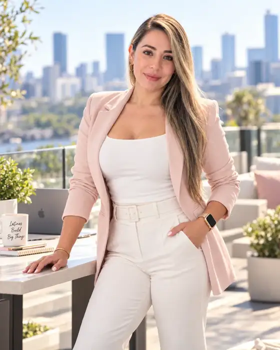 Rina Córdoba en una terraza con su laptop