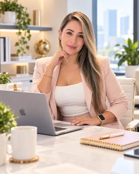 Rina Córdoba trabajando en su escritorio con una laptop